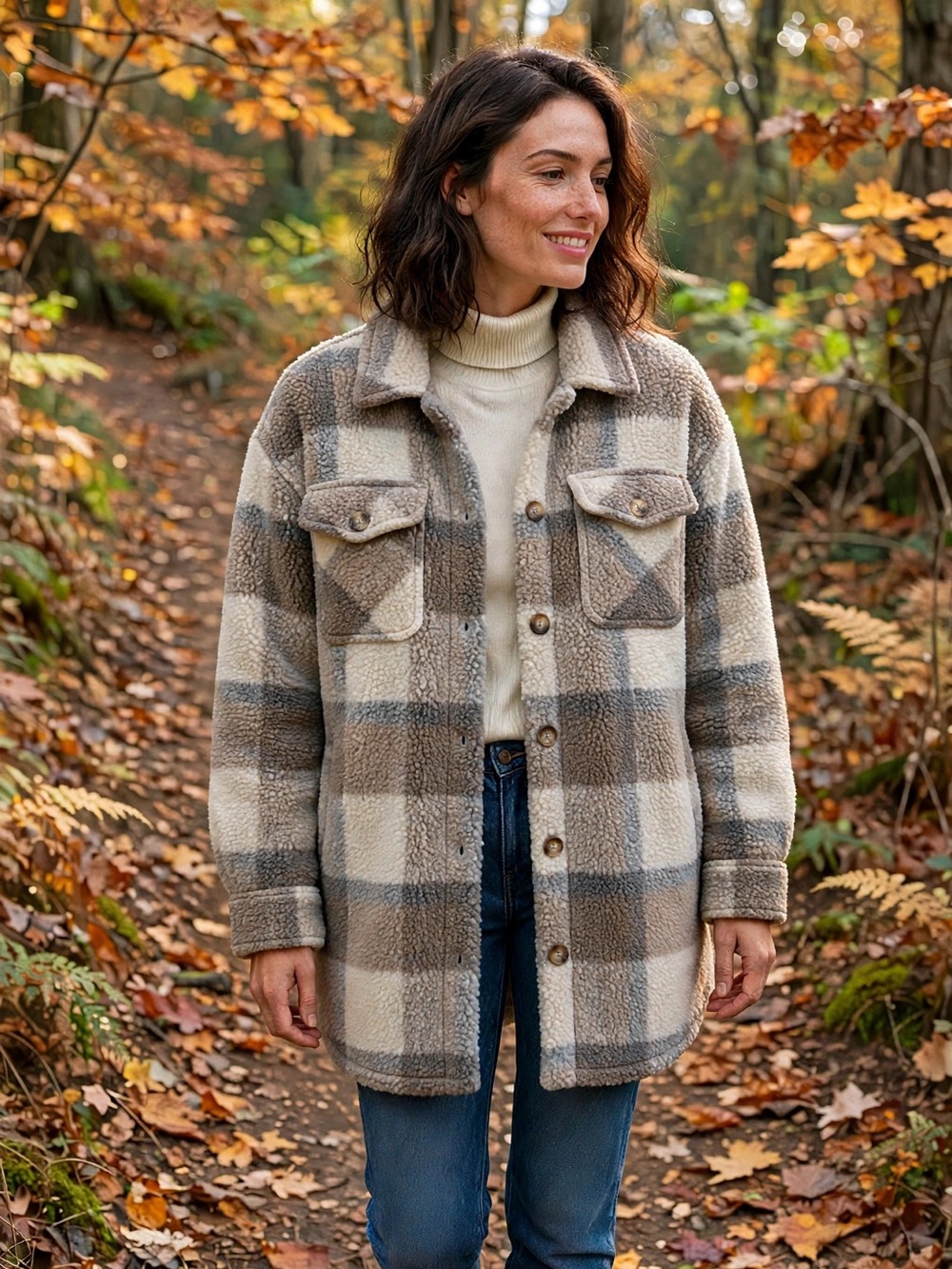 Plaid Teddy Shacket Jacket in Cream & Brown